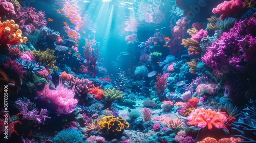 Immerse in the opulent world of marine biology where a magnificent coral reef glows under a kaleidoscope of chromatic lighting, highlighting its vibrant hues and diverse ecosystem © Purichaya