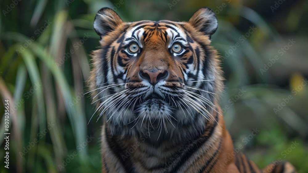 Obraz premium Portrait of a magnificent Sumatran tiger in the jungle. Concept Wildlife Photography, Endangered Species, Jungle Adventures, Animal Conservation, Nature Exploration