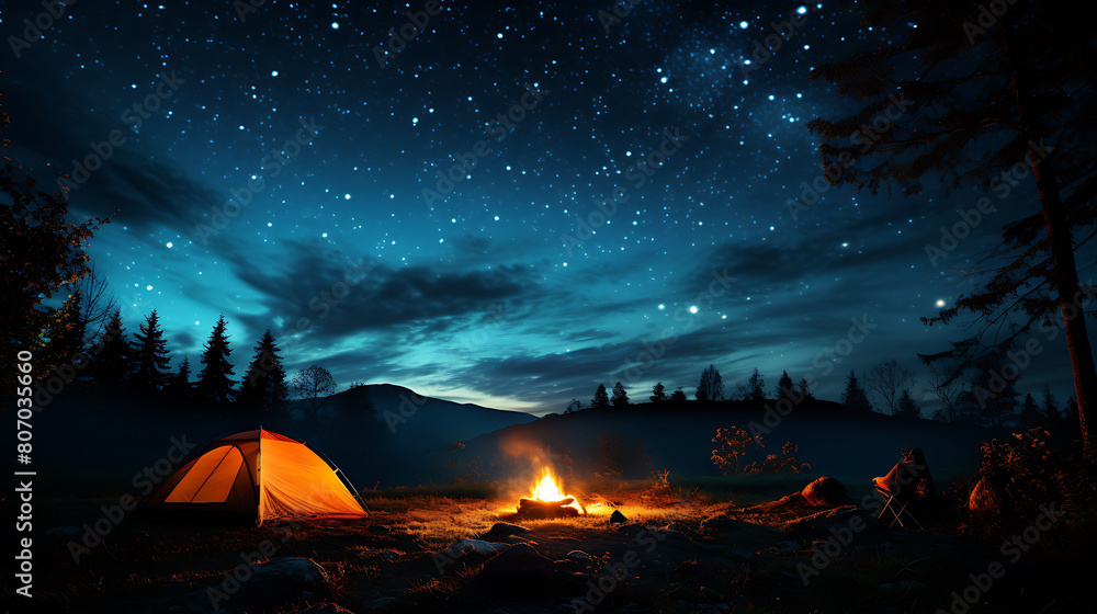 Starry Night Camping: Depict a campfire under a celestial dome.
