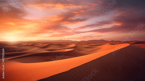 Sunset over the sand dunes of the Sahara desert  Morocco