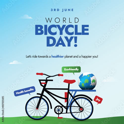 World bicycle day 3rd June celebration banner. World Bicycle day banner, card, post concept with bicycle and earth globe on its back seat. This day promote the health, economic benefits of cycling.