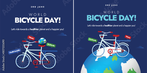 World bicycle day 3rd June celebration banners. World Bicycle day banner with bicycle and earth globe on its back seat. This day promote the health, economic benefits of cycling. Vector illustration.