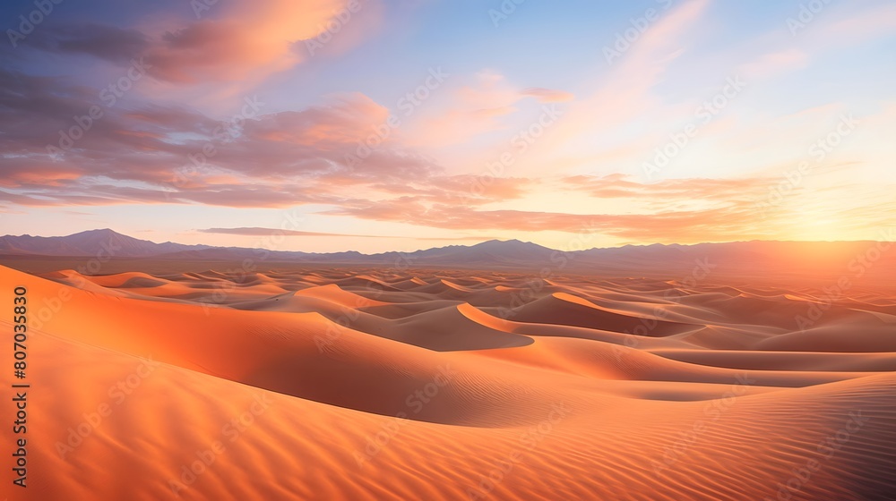 Desert sand dunes panoramic view at sunset. 3d render