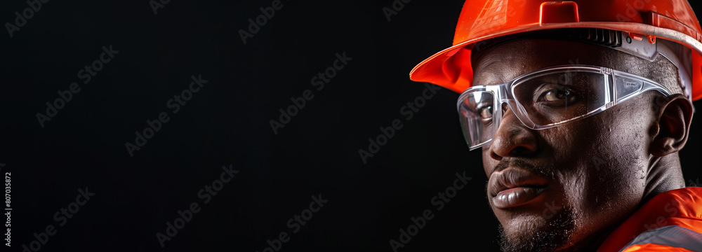 African industrial construction worker portrait banner with copy space African industrial construction worker portrait banner with copy space
