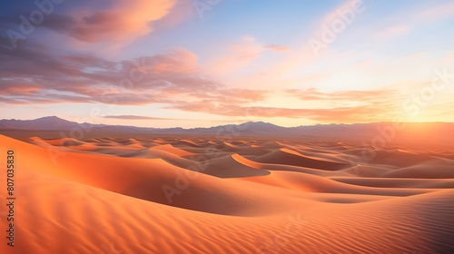 Desert sand dunes panoramic view at sunset. 3d render