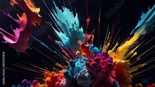 Abstract Multicolored Paint Explosion AI Background 4K features an A.I. generated video of different color paint-like substances exploding and imploding against a black background. photo
