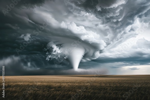 Swirling Tornado Cloud, Professional studio photography, hyperrealistic, minimalism, negative space, high detailed, sharp focus, swirling tornado cloud forming over an open field