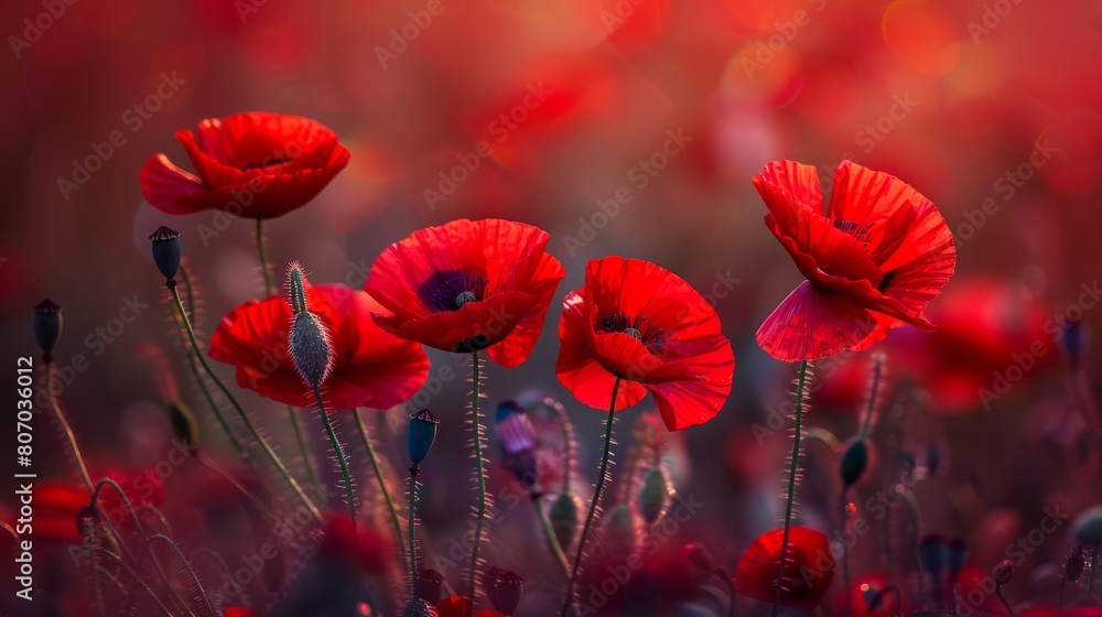 Obraz premium Vibrant red poppies blooming in sunlight, floral nature background for spring and summer concepts - beautiful botanical scene of scarlet wildflowers in full bloom, capturing the essence of nature's be