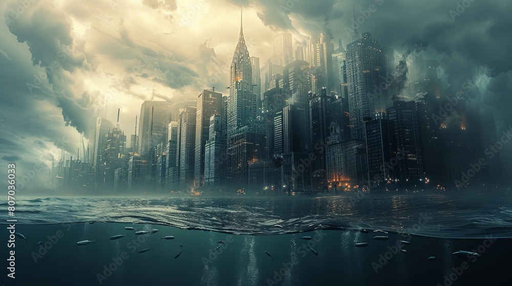 Incorporate an unexpected camera angle to depict a dystopian cityscape meeting the endless expanse of the sea