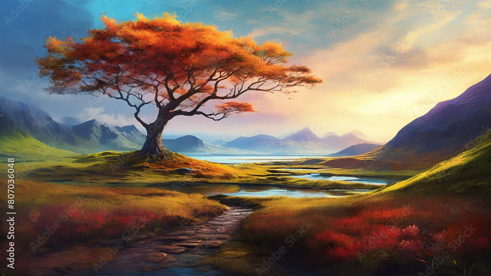 Digital painting: An evocative, nature-inspired scene, showcasing the beauty of the natural world through a unique combination of organic textures, vibrant colors, and a sense of depth, all achieved