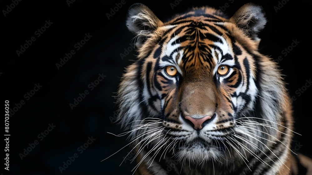 Bengal tiger with striking orange eyes embodies untamed beauty and power. Concept Animal Photography, Bengal Tiger, Striking Eyes, Untamed Beauty, Power Bengal tiger with striking orange eyes embodies untamed beauty and power. Concept Animal Photography, Bengal Tiger, Striking Eyes, Untamed Beauty, Power