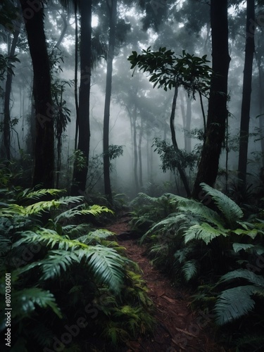 Explore the depths of a foggy  dark forest  where the misty landscape reveals the untamed beauty of a natural oasis hidden within the jungle s embrace