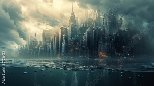 Incorporate an unexpected camera angle to depict a dystopian cityscape meeting the endless expanse of the sea