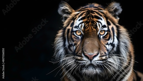 Bengal tiger with striking orange eyes embodies untamed beauty and power. Concept Animal Photography, Bengal Tiger, Striking Eyes, Untamed Beauty, Power © Anastasiia