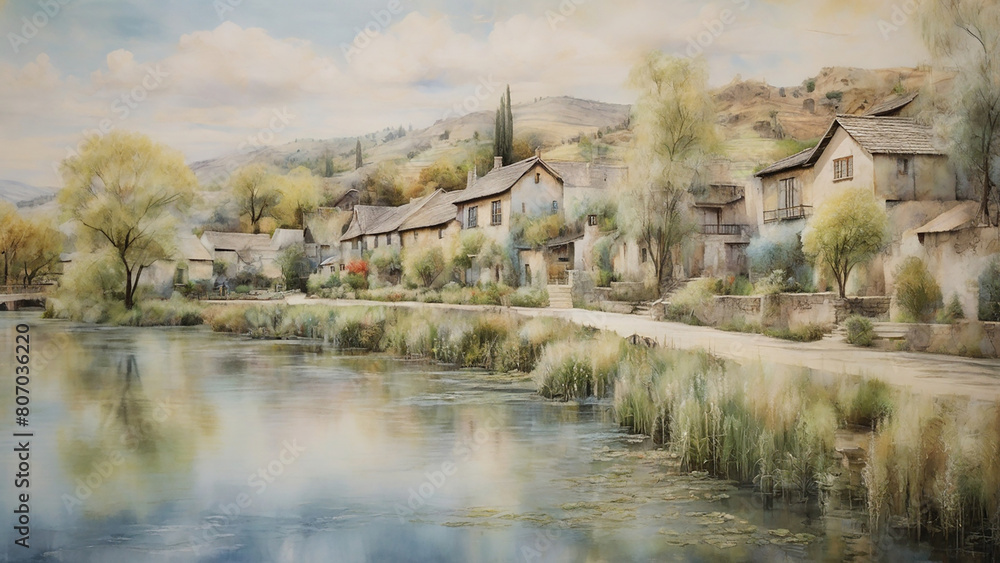 Obraz premium Encaustic painting: A peaceful, riverside village, with charming cottages, stone bridges, and weeping willows, all rendered in the soft, luminous layers and textures created by encaustic painting