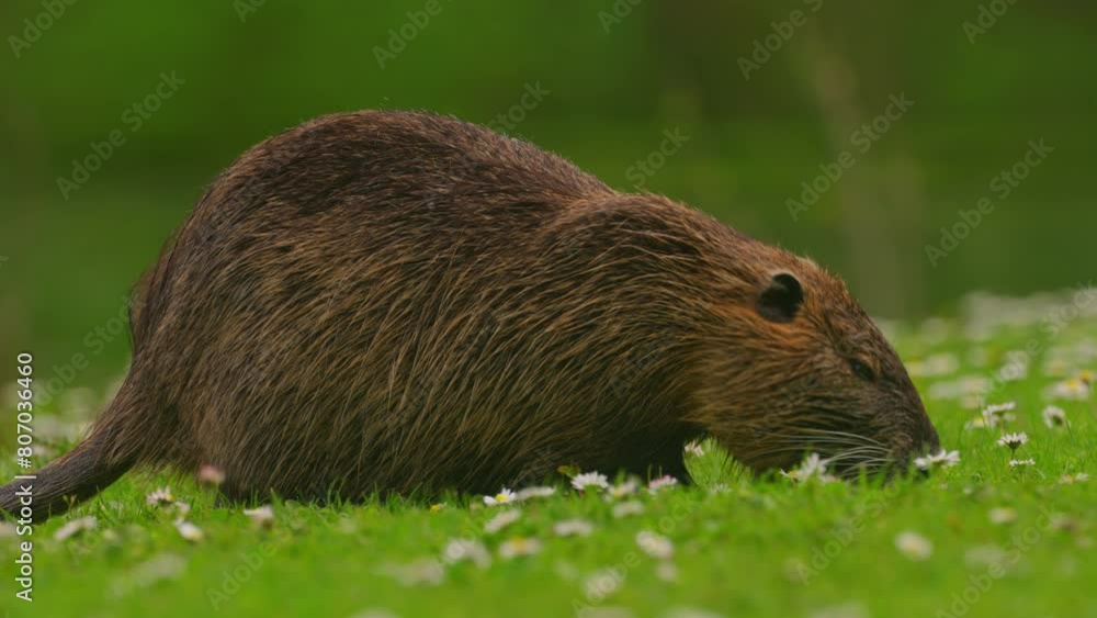Nutria sits and cleans itself. Wild nature. Close-up of a water nutria on a lake. Natural habitat of otter, nutria, beaver Nutria sits and cleans itself. Wild nature. Close-up of a water nutria on a lake. Natural habitat of otter, nutria, beaver