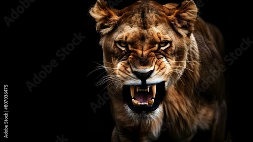 Angry female lion showing teeth and charging towards enemy on black background. Concept Wildlife Photography, Lion Behavior, Animal Aggression, Predator vs Prey, Intense Facial Expressions