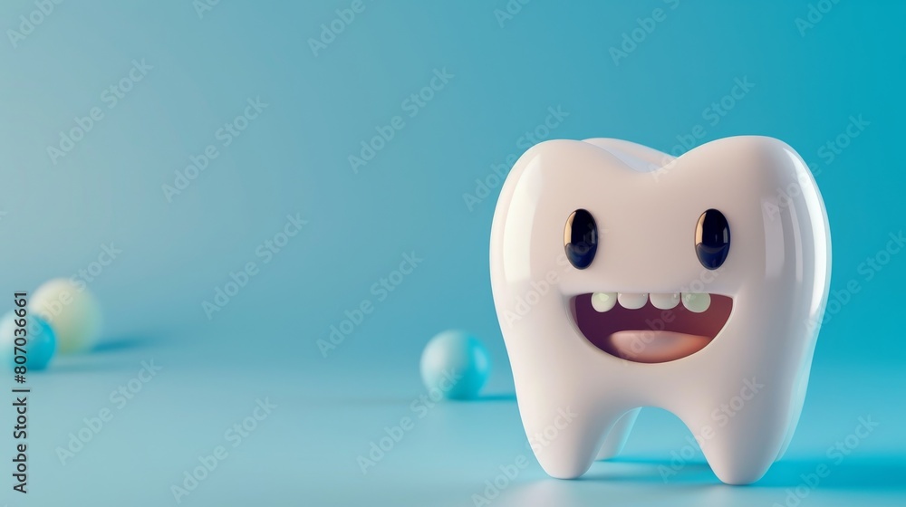 cute tooth character smiling on blue background, copy space, oral care, dental advertising cute tooth character smiling on blue background, copy space, oral care, dental advertising
