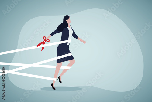 Businesswoman cut tape, get free. Female right and freedom concept.
