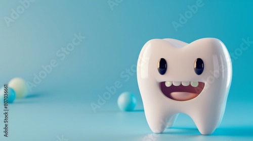 cute tooth character smiling on blue background, copy space, oral care, dental advertising