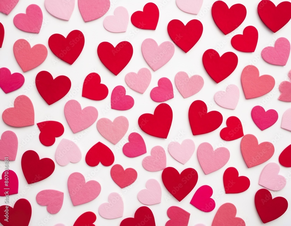 Valentine's day background with red and pink hearts on white background, flat lay Valentine's day background with red and pink hearts on white background, flat lay