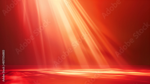 Majestic red beams of light illuminating a empty dusty stage. Shiny festive background for product presentation or award ceremony. Copy space. Generative AI