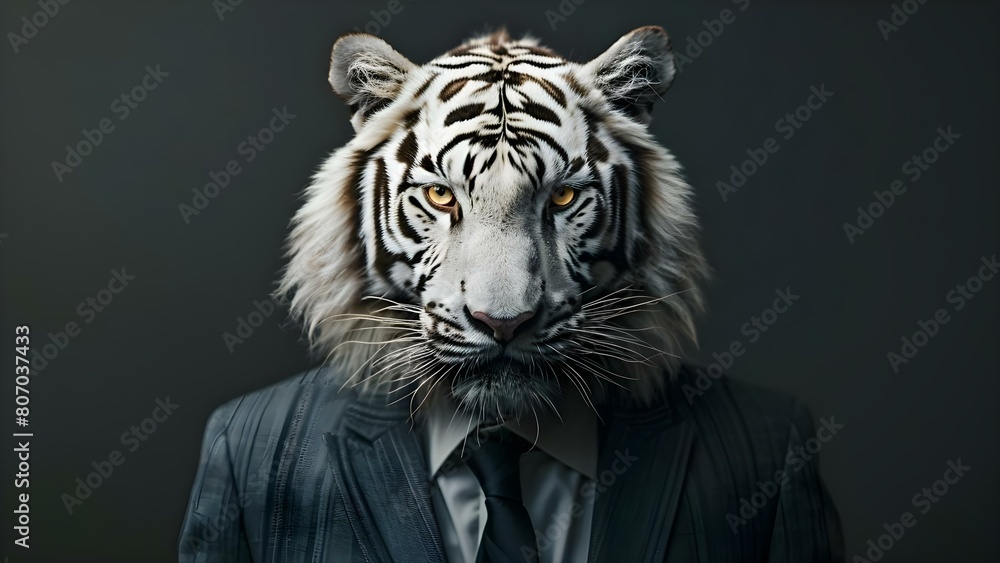 Majestic White Tiger in a Business Suit with a Fierce Look. Concept Wildlife Photoshoot, Unconventional Portraits, Animal Fashion, Fierce Attitude