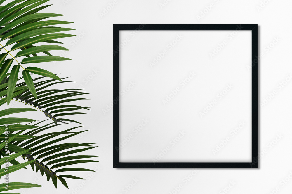 Mockup poster frame with leaves, 3d render Mockup poster frame with leaves, 3d render
