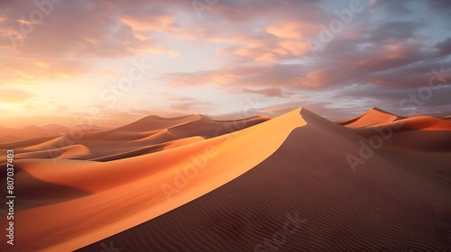Desert landscape panorama with sand dunes at sunset. 3d render