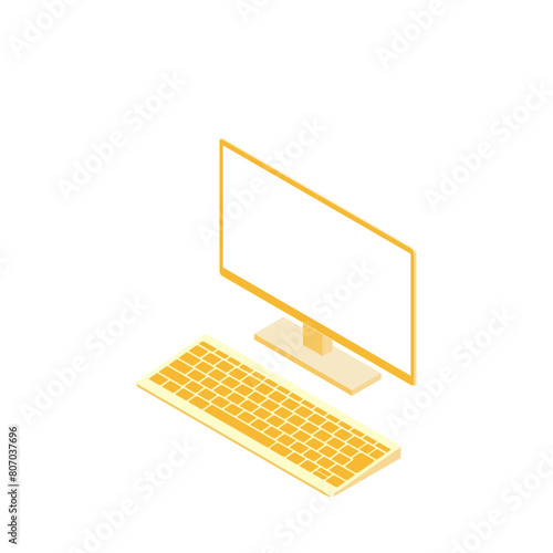 白色画面のキーボード別のモニター（16:9・アイソメ・左向き・オレンジ・1台）