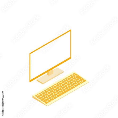 白色画面のキーボード別のモニター（16:9・アイソメ・右向き・オレンジ・1台）