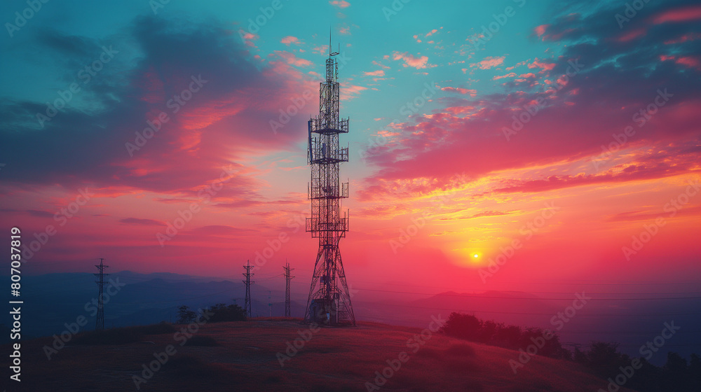 Communication tower during sunset, Silhouettes telecommunication tower on sunset background.