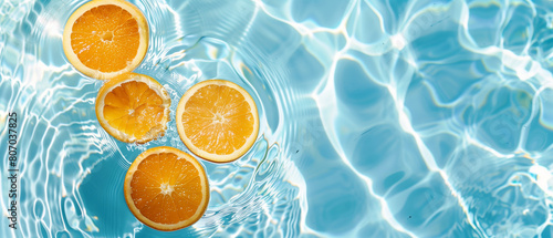 An artistic summer image displaying orange fruit slices in a pool of water. This captivating wallpaper captures the essence of summer and provides space for text. © Trendy Motion