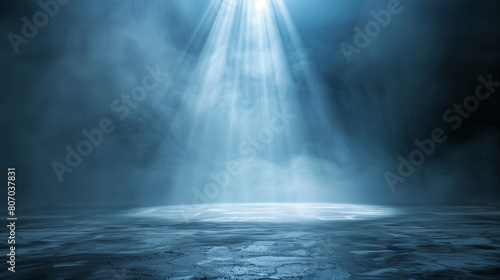 Majestic blue beams of light illuminating a empty dusty stage. Shiny festive background for product presentation or award ceremony. Copy space. Generative AI