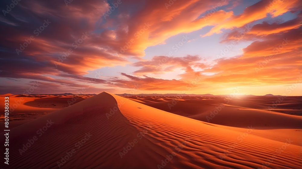 Sunset over the sand dunes in the Sahara desert in Morocco