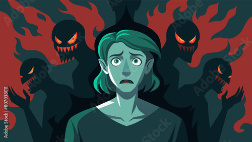 A painting depicting a persons inner demons with the shadow of fear serving as the backdrop for their twisted and tormented thoughts..