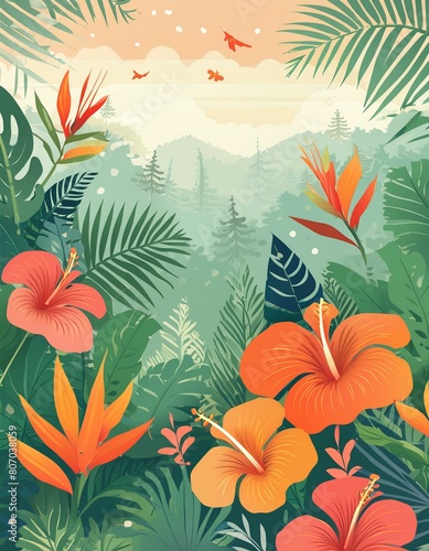 Dense, tropical floral scene with exotic flowers like hibiscus, bird of paradise, and large ferns © patsai