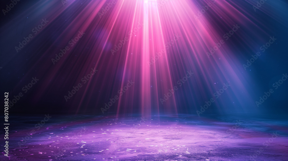 Majestic purple beams of light illuminating a empty dusty stage. Shiny festive background for product presentation or award ceremony. Copy space. Generative AI