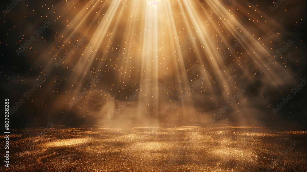 Majestic golden beams of light illuminating a empty dusty stage. Shiny festive background for product presentation or award ceremony. Copy space. Generative AI Majestic golden beams of light illuminating a empty dusty stage. Shiny festive background for product presentation or award ceremony. Copy space. Generative AI