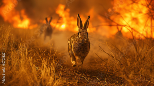 Rabbits running from grass fire with fear