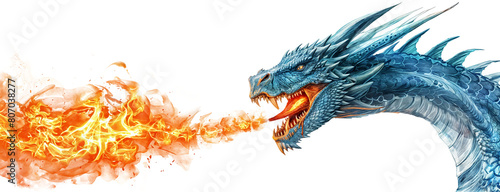 Head of a blue dragon spitting fire isolated on a transparent background
