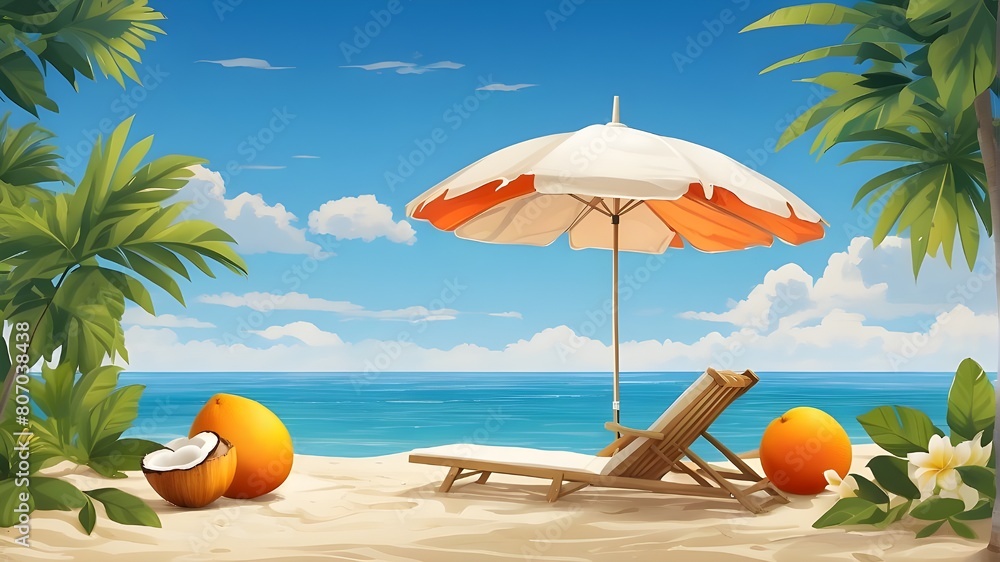 Concept of a tropical beach with coconut fruit and sun umbrella. original simple summertime concept.