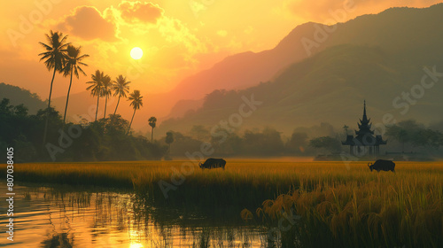 sunrise on rice field with animal, buffalo and tree photo