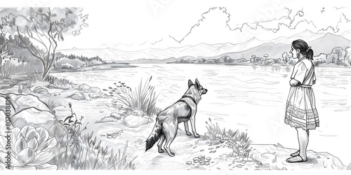 Illustration Mexican landscape of a woman and a dog next to a river, bold lines