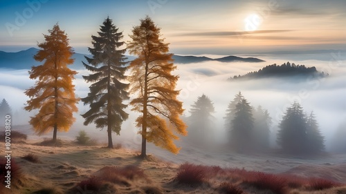 A charming scene featuring rising fog, autumnal trees, and firs may be found in Black Forest, Germany during the mystical autumnal fog. photo