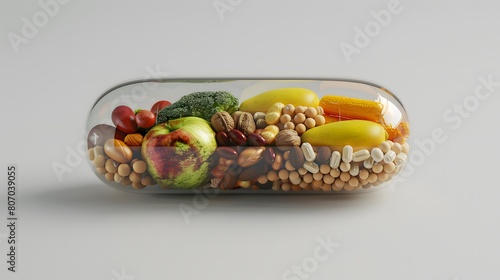 pill capsule with fruits, seeds and vegetables. Nutrition supplemet and health eating concept. photo