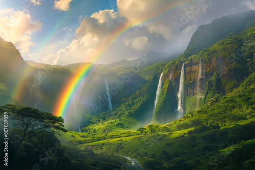 majestic waterfall crashes down into a pool of mist, with a vibrant rainbow arcing across the spray in the sky. photo