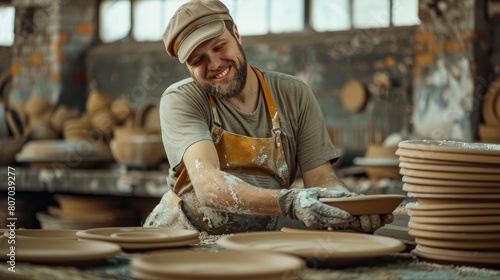 A Smiling Worker Cleans A Clay Plate In A Ceramics Factory, Background HD For Designer 