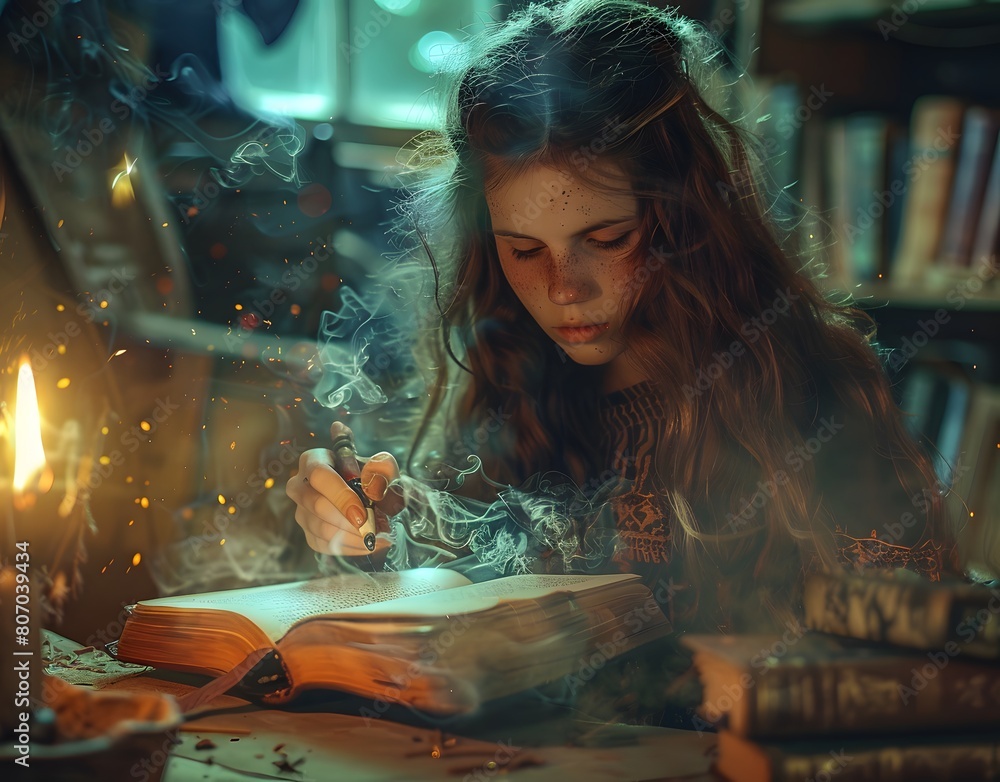 Girl writing in a white book, sitting on a cozy sofa Girl writing in a white book, sitting on a cozy sofa