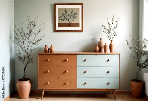  A wooden dresser with drawers , a vase with branches and framed artwork on the wall on the wall